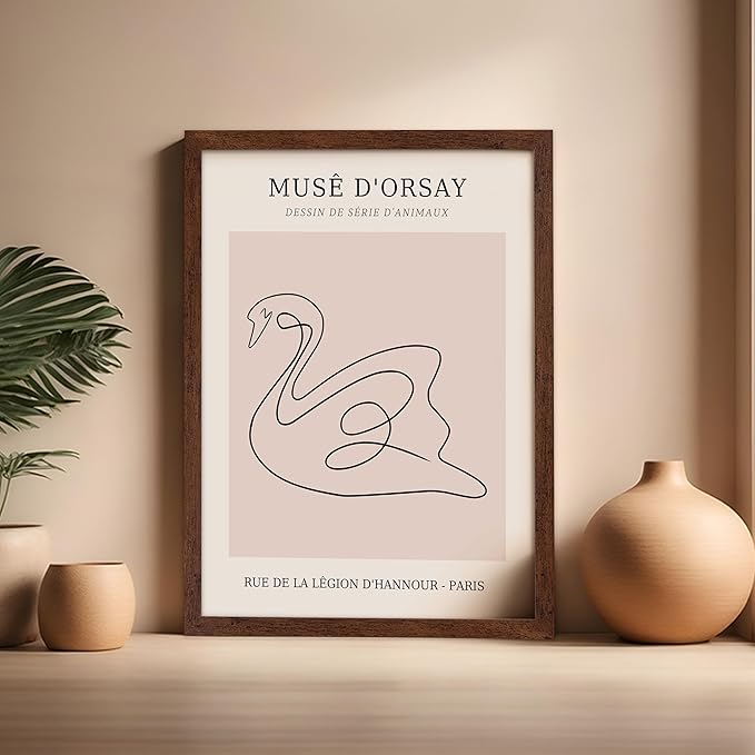Poster Master Vintage Poster - Retro One Line Swan Drawing Print - Swan Art - Bird Art - Minimal Gift for Her, Animal Lover - Abstract Decor for Home, Office, Bedroom, 16x20 Brown Framed-Ruum Studio Home