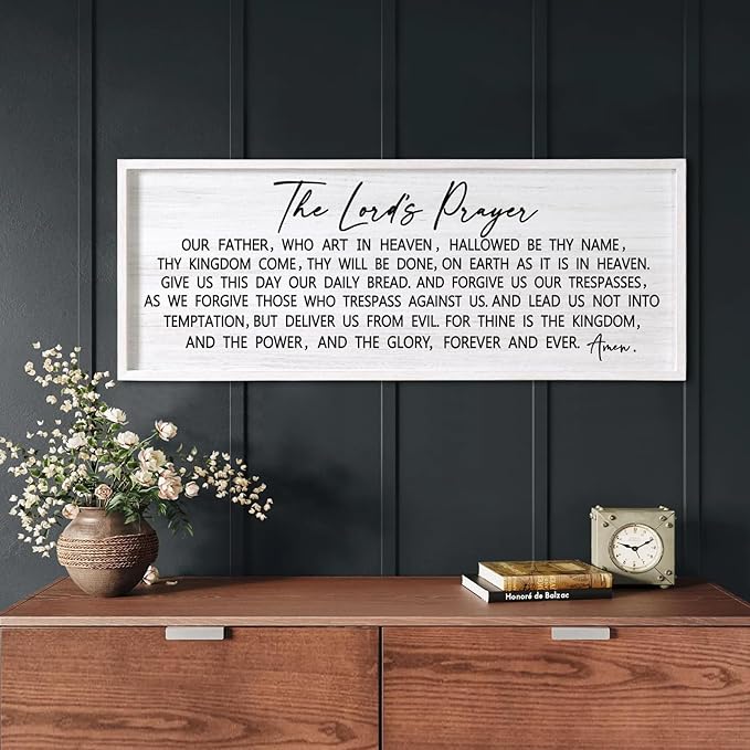 Our Father Prayer Bible Verse Framed Wall Art, 40''×15'' White Horizontal Religious Christian Lords Prayer Sign for God Jesus Christ Prayer, Rustic Holy Inspirational Catholic Scripture Decor-Ruum Studio Home