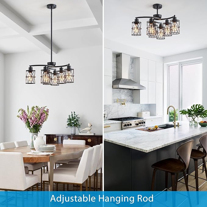 XINGQI Modern Black Chandelier 6-Light Pendant Lighting Fixture with Metal Shade 24" Height Adjustable for Dining Room Living Room Bedroom-Ruum Studio Home
