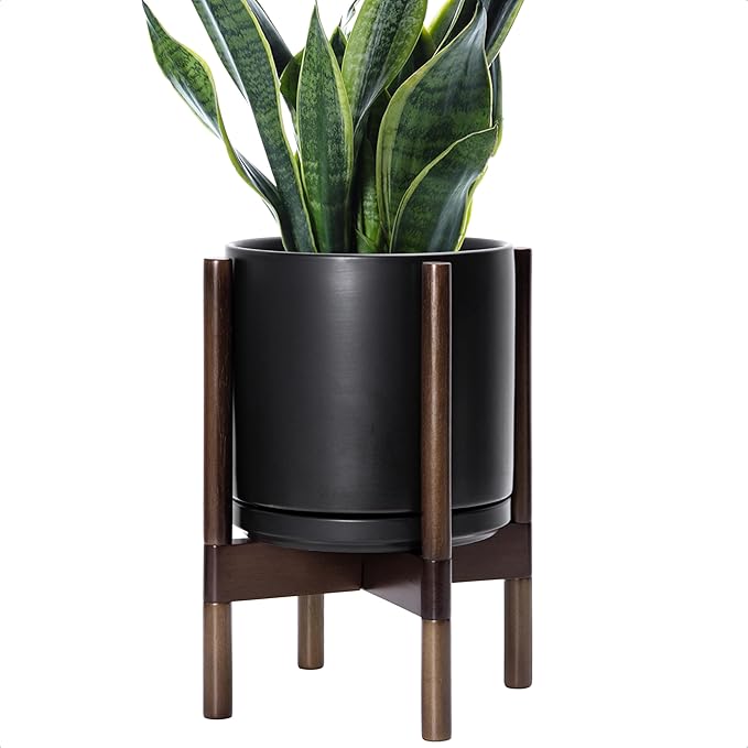 D'vine Dev Ceramic Planter with Walnut Color Stand - 10 Inch Modern Round Flower Pot with Wood Planter Holder, Black, 55-B-X-2-Ruum Studio Home
