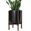 D'vine Dev Ceramic Planter with Walnut Color Stand - 10 Inch Modern Round Flower Pot with Wood Planter Holder, Black, 55-B-X-2-Ruum Studio Home