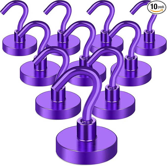MIKEDE Magnetic Hooks, 40Lbs+ Heavy Duty Magnet Hooks for Cruise Cabins, Super Neodymium Hanging Hooks Strong Magnets with Hook for Fridge, Magnetic Hanger for Grill, Toolbox, Storage(Purple, 10 Pack)-Ruum Studio Home