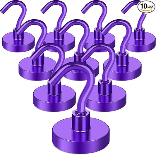 MIKEDE Magnetic Hooks, 40Lbs+ Heavy Duty Magnet Hooks for Cruise Cabins, Super Neodymium Hanging Hooks Strong Magnets with Hook for Fridge, Magnetic Hanger for Grill, Toolbox, Storage(Purple, 10 Pack)-Ruum Studio Home