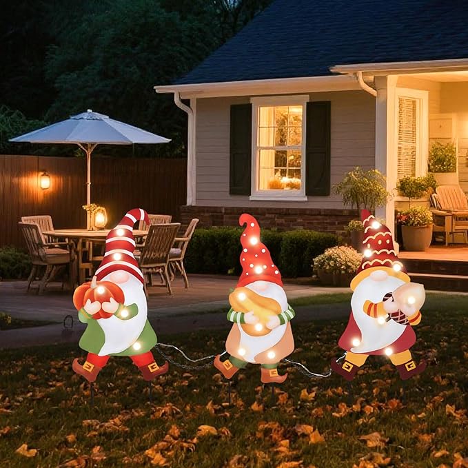 WONDER GARDEN 3 PCS Fall Yard Sign Metal Gnomes Decorative Garden Stakes with Led Lights Autumn Harvest Pumpkin Thanksgiving Garden Lawn Porch Patio Decorations Outdoor-Ruum Studio Home
