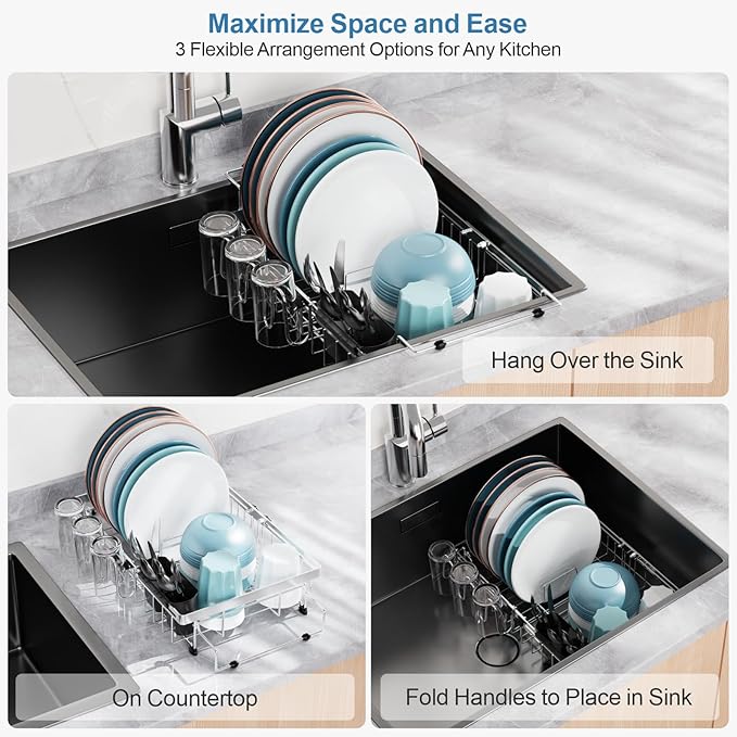 GSlife Expandable in Sink Dish Drying Rack - Capacity Adjustable Stainless Steel Over The Sink Dish Drainer with 2 Cup Holder and Utensil Holder for Kitchen Sink, 10.8"~17.9" L x 14.2" W, Silver-Ruum Studio Home