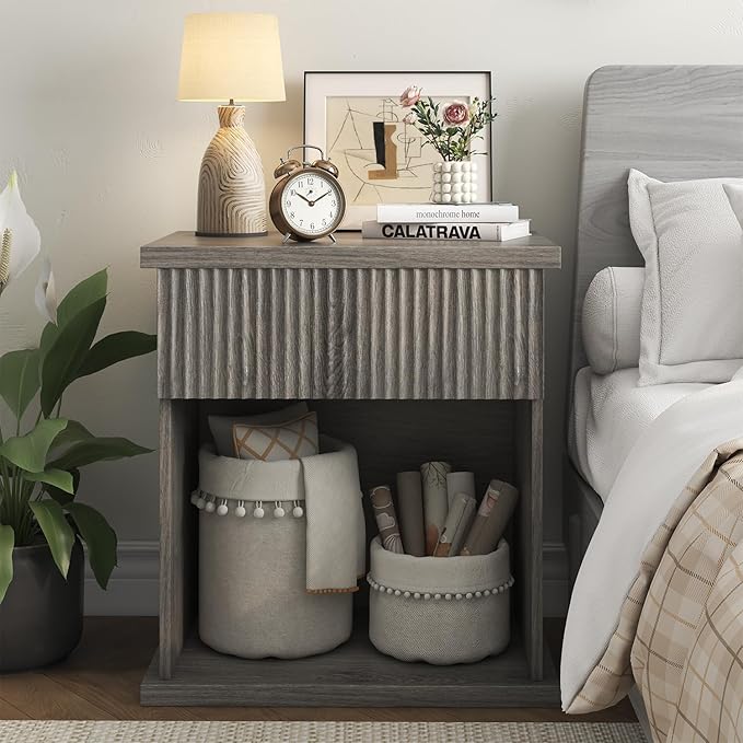 Fluted Nightstand Set of 2, 22.8" Wide Nightstands with Drawer Storage Large Wood BedsideTable Night Stands for Bedroom, Grey Oak-Ruum Studio Home