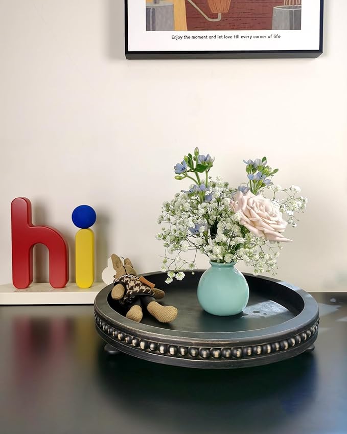12 Inches Rustic Wooden Decorative Tray, Small Round Beaded Wood Tray for Kitchen Dinning Table Centerpiece Decor Entryway Living Room Home Decor, Black-Ruum Studio Home