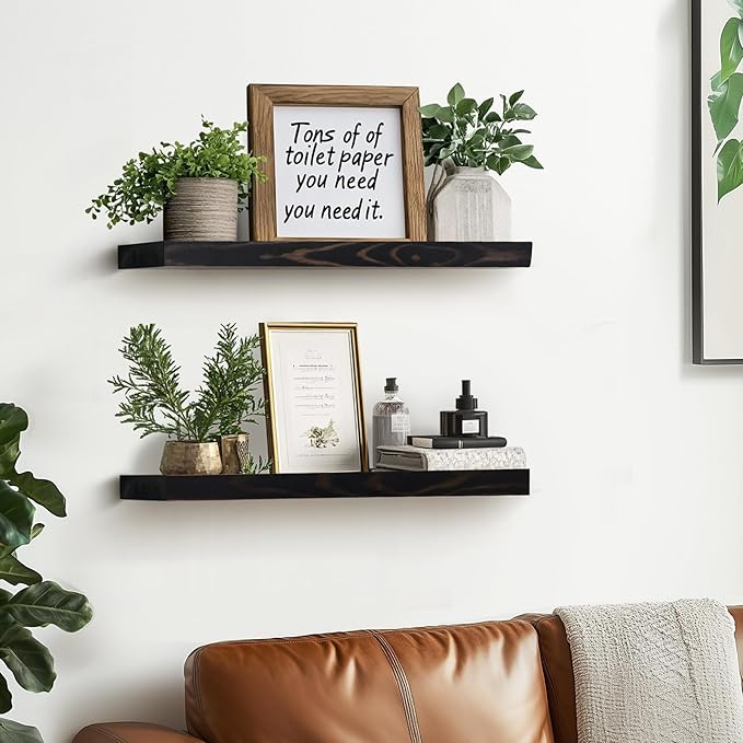 Floating Wall Shelves - 16"x6.8"x1.2" Sturdy Rustic Black Solid Wood Shelves for Storage and Décor, Easy Installation for Living Room, Bedroom, and Kitchen - 2 Pack-Ruum Studio Home