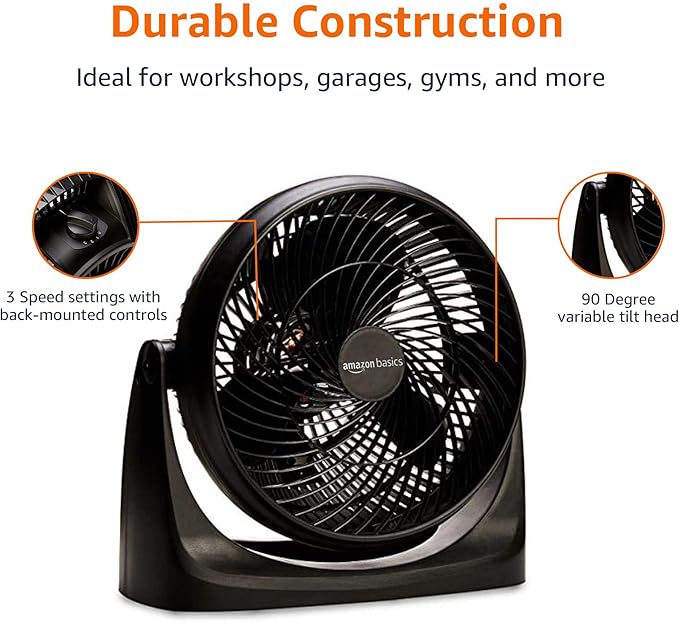 Amazon Basics Air Circulator Fan, Desk Fan for Bedroom, Home and Office, With 90-Degree Tilt Head, 3 Speed Settings, Lightweight (4.2 LBS), 70 Watts, Black, 14.8"Wx7.6"Dx14.1"H-Ruum Studio Home