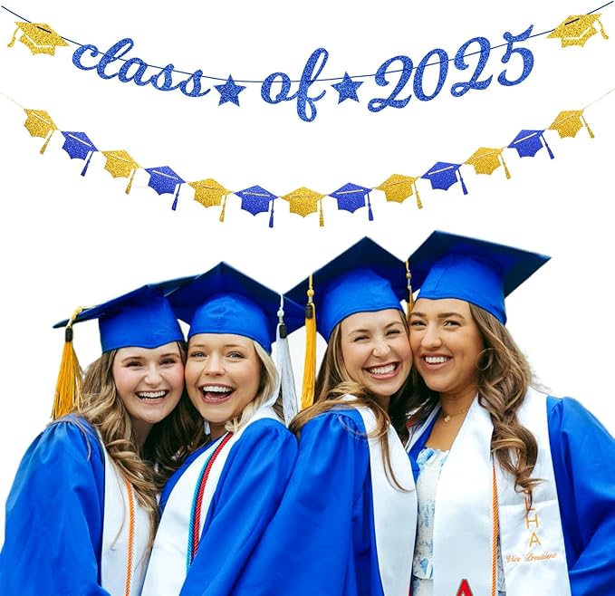 Navy-Blue Gold-White Party-Decoration Graduation Banner - 14pcs Kits Cap Garland Streamers, Royal Paper Tissue Pom Poms Flowers Fans Honeycomb,Class Of 2025 College High School Grad Decor Hugfond-Ruum Studio Home