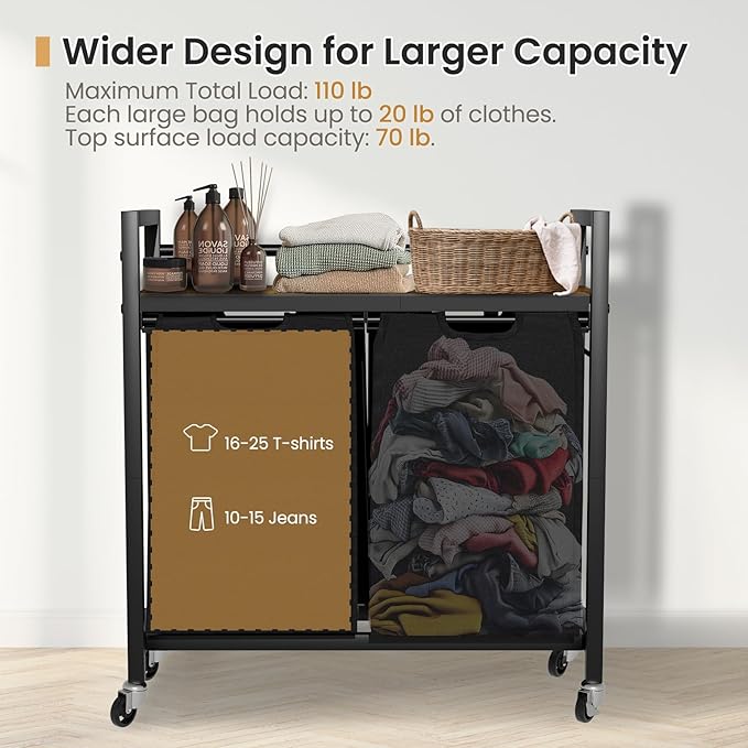 Laundry Hamper, Laundry Basket, Laundry Sorter with 2 Removable Bags, Clothes Basket with 2 Compartments, Wheels, Shelf for Laundry Room Bathroom Bedroom (2 Bags-Black)-Ruum Studio Home