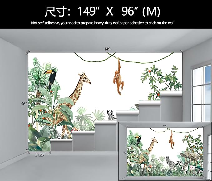 WFBHUA-Kids Safari Wallpaper Tropical Jungle Botanical Leaf Wall Mural for Nursery Boys Bedroom Girls Bedroom Playroom (Not Peel and Stick)-Ruum Studio Home
