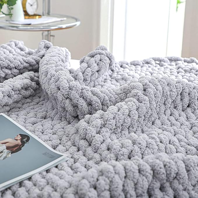 Bigacogo Chunky Knit Throw Blanket for Couch, 40x60 inches, 100% Hand Knitted with Thick Jumbo Chenille Yarn, Cozy Soft Large Rope Knot Cable Crochet Blankets for Sofa Bed Living Room, Light Grey-Ruum Studio Home