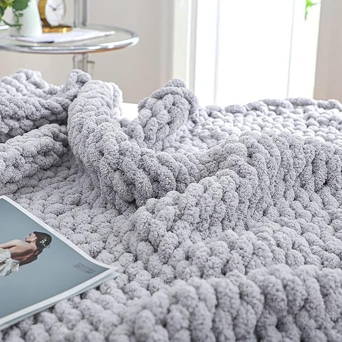 Bigacogo Chunky Knit Throw Blanket for Couch, 80x90 inches, 100% Hand Knitted with Thick Jumbo Chenille Yarn, Cozy Soft Large Rope Knot Cable Crochet Blankets for Sofa Bed Living Room, Light Grey-Ruum Studio Home