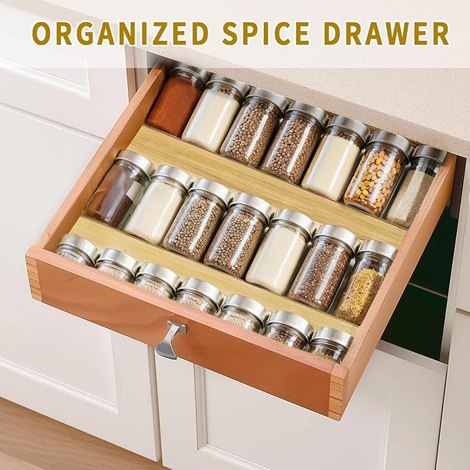 Bamboo Spice Rack For Drawer,4Pcs Tier Stackable Seasoning Storage Organizer Insert,for Kitchen Condiments Storage Insert(Jars Not Included,Combined Size:18.9" D x 9.5" W x 1.8" H）-Ruum Studio Home