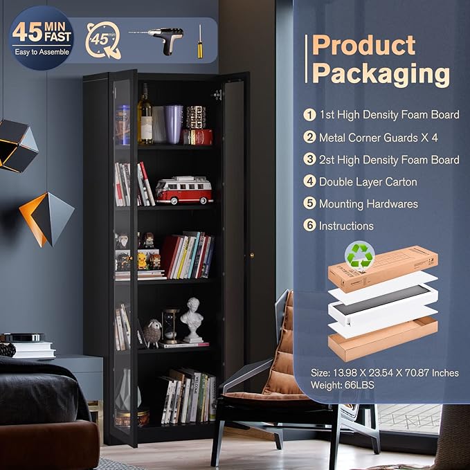 5 Tier Metal Curio Cabinets, 71" Tall Modern Bookshelf Cabinet with 4 Adjustable Shelves, Cabinet Display Case for Home Office, Living Room, Pantry, Assemble Required, Black-Ruum Studio Home