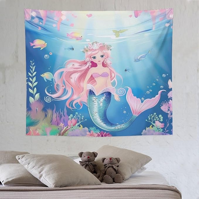 HZOHNAGO Mermaid Girls Tapestry Watercolor Mermaid Princess Pattern Printed Wall Tapestry Wall Hanging for Bedroom Living Room Dorm 60" W x 50" H-Ruum Studio Home