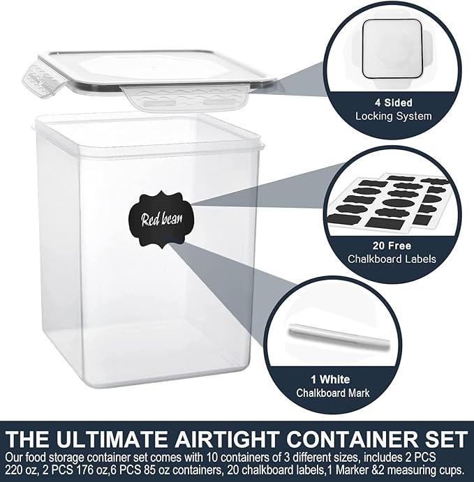 VERONES Large Tall Airtight Food Storage Containers, 10 PACK Plastic Airtight Kitchen & Pantry Organization, Ideal for Flour & Sugar Plastic Canisters with Labels-Ruum Studio Home