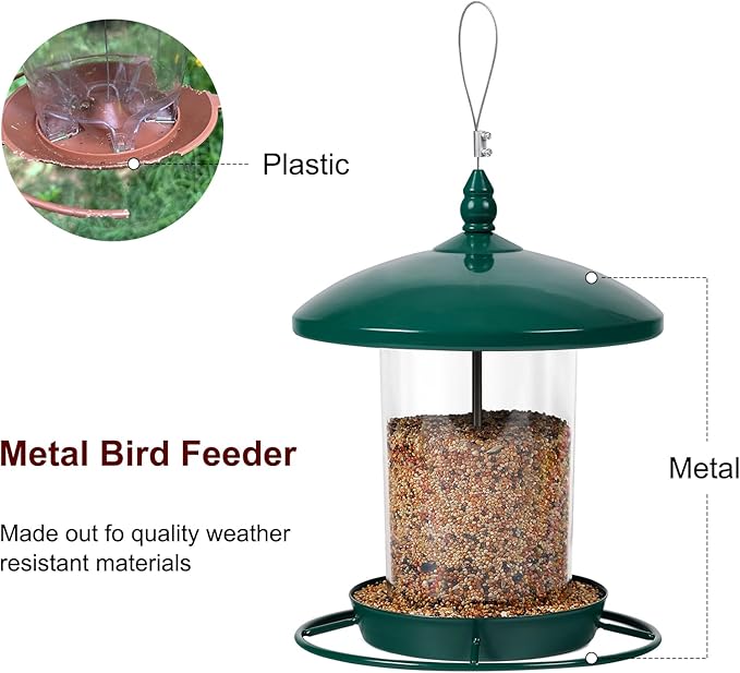 Metal Bird Feeder for Outdoors Hanging,3.0LB Seed Feeder,Easy to Fill & Clean,360° Feeding,Chew Proof Weatherproof Roof for Gardens and Wild Birds,Green-Ruum Studio Home