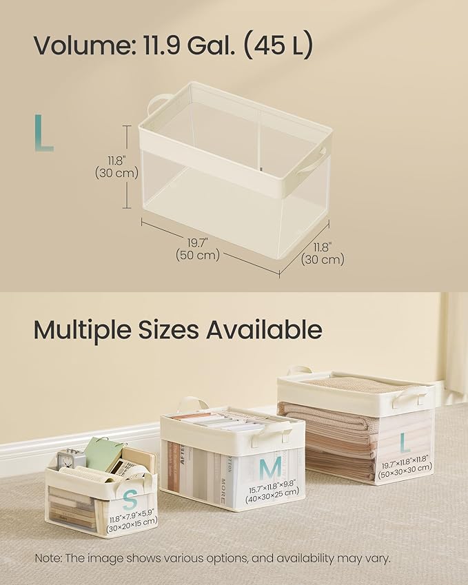 SONGMICS Storage Bins Set of 3, Large Fabric Storage Baskets, Foldable Organizer with Transparent Nylon Mesh, 19.7 x 11.8 x 11.8 Inches, Handles, for Bedroom, Living Room, Cream White URFB950W01-Ruum Studio Home