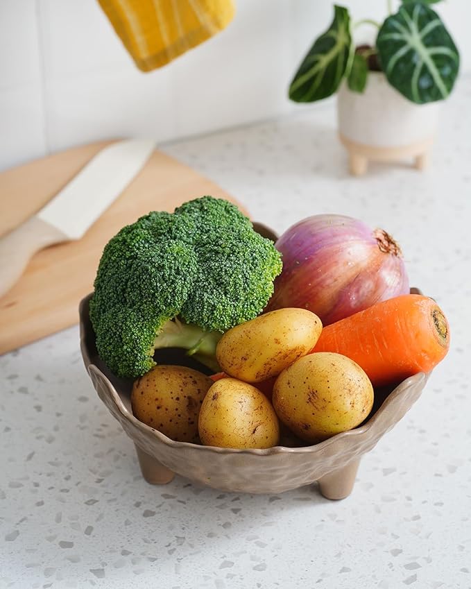 Fruit Bowl for Kitchen Counter, Porcelain Decorative Bowl for Home Décor Modern Pedestal Bowl with 3-Legs Large Centerpiece Bowl for Breads, Nuts, Brown-Ruum Studio Home
