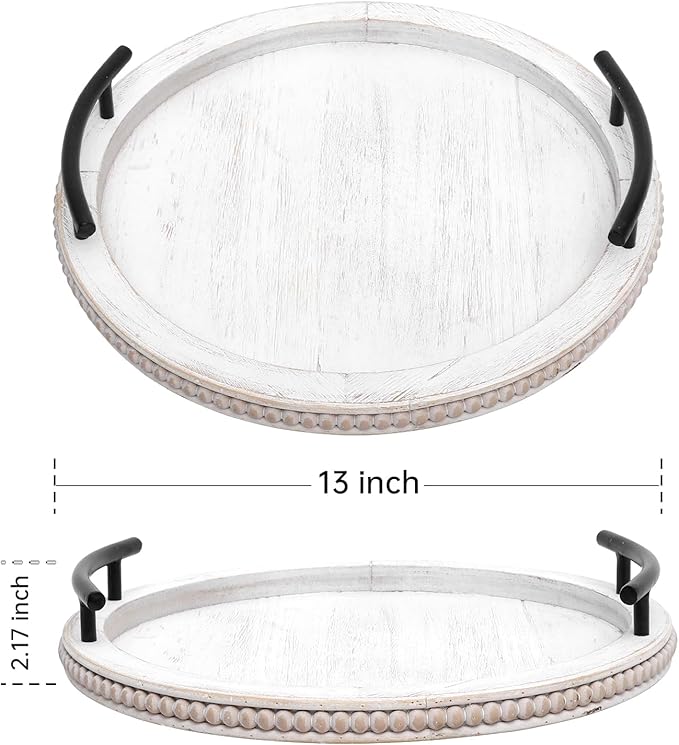 SwallowLiving White Wooden Beaded Serving Tray with Handle Decorative Rustic Whitewashed Tray for Coffee Table Farmhouse Round Tray for Kitchen, Living Room and Bedroom-Ruum Studio Home