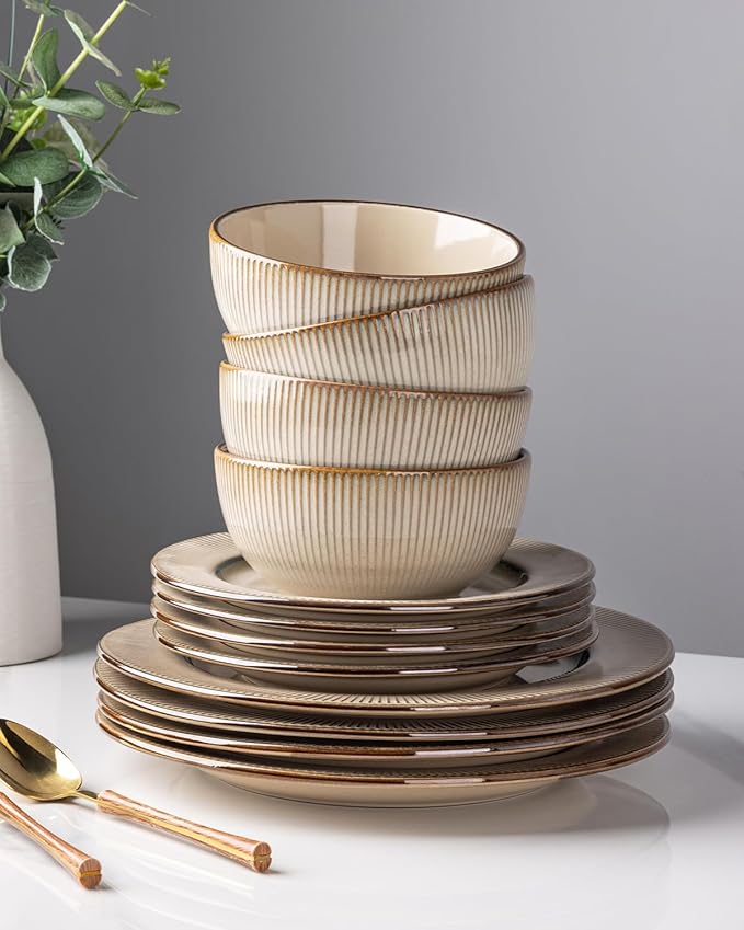 GBHOME Ceramic Dinnerware Sets,12 pcs Embossed Elegant Stoneware Plates and Bowls Sets, Housewarming Wedding Gift | Dishwasher & Microwave Safe | Dishes Set Service for 4-Ruum Studio Home