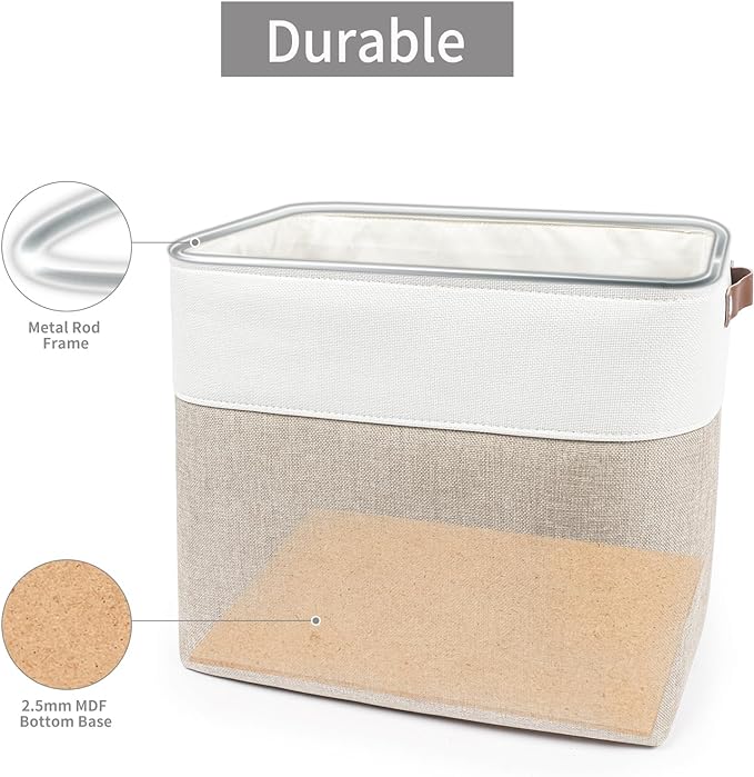 Large Fabric Storage Baskets | 50L Storage Bins, Decorative Linen Closet Baskets with Handles for Organizing, Shelf, Toys, Clothes, Home, Office, Nursery, 17x12x15Inches (Beige&White)-Ruum Studio Home
