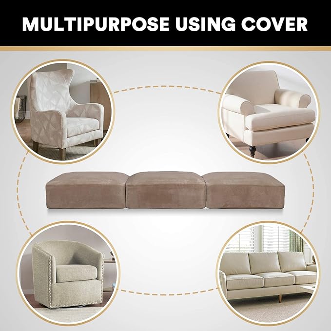 PrinceDeco Velvet Stretch Couch Cushion Cover Soft Cushion Slipcover for Chair Loveseat Sofa Cushion Furniture Protector Seat Cushion Sofa Cover (3 Piece XL Sofa Cushion Covers, Taupe)-Ruum Studio Home