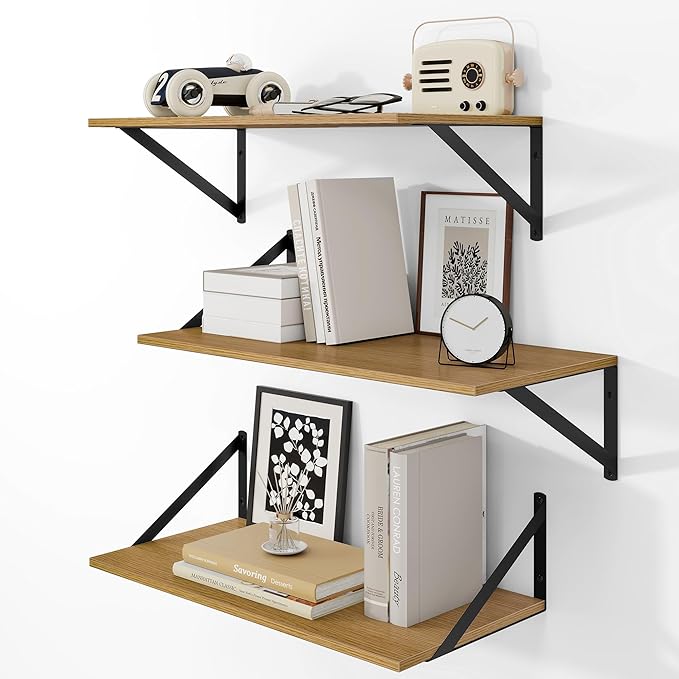 Heimlove 24" W x 12" D Wall Shelves for Books, 12 Inch Deep Floating Shelves Set of 3, Wide Floating Bookshelf with Metal Bracket for Living Room, Kitchen, Office, Bedroom and Decor Storage - Oak-Ruum Studio Home