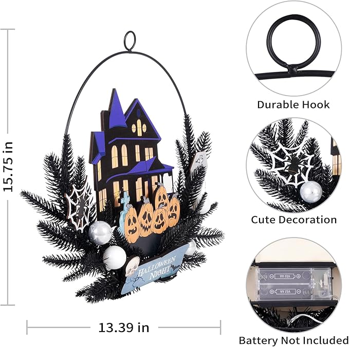 Lighted Halloween Wreaths for Front Door, Welcome Metal Wooden Door Wreath Decor Hanging Sign, 30 LED Lighted Wall Decor Battery Operated for Halloween Indoor Outdoor (Pumpkin)-Ruum Studio Home