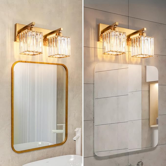 Modern Bathroom Vanity Light 2-Lights Gold Crystal Bathroom Wall Light Vanity Light Fixtures，12.59-inch Modern Minimalist Design-Ruum Studio Home