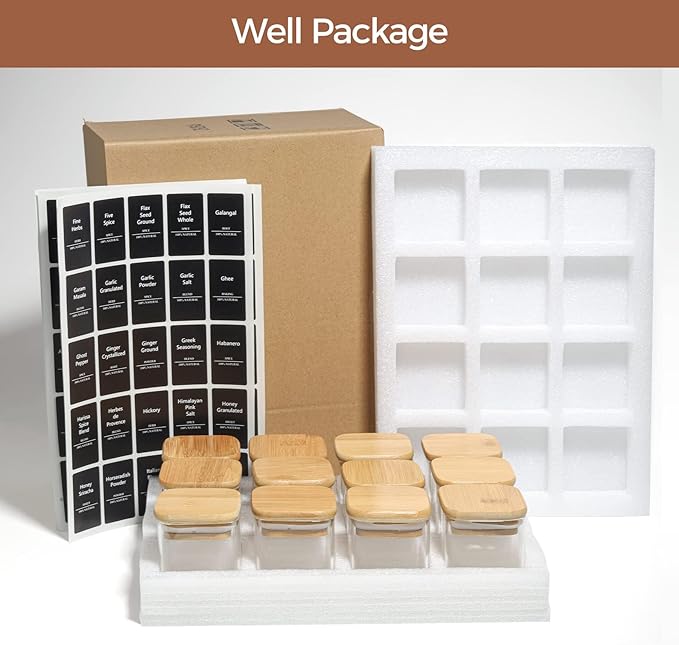 ComSaf 12Pcs Glass Spice Jars with Bamboo Lid, 4oz Airtight Square Spice Containers with 275 Black Lables, Empty Seasoning Jars for Spice Salt Sugar-Ruum Studio Home