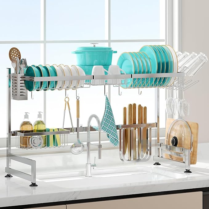 MAJALiS Over Sink Dish Drainer Drying Rack, 2 Tier Stainless Steel Dish Rack Over Sink Sink Length Adjustable (33.5-40 in), Expandable Drainer Shelf Rack with Multifunctional Organizers, Sliver-Ruum Studio Home