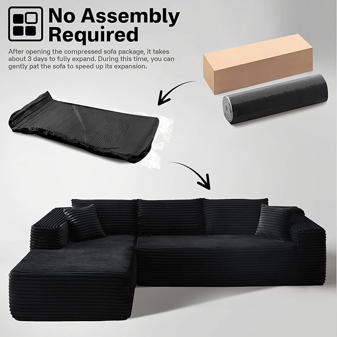 104" Cloudy Sectional L Shaped Couch for Living Room, No Assembly Required, Modular Comfy Sofa with Deep Seat, Fluffy Couch with Sleeper Chaise for Apartment Lounge (Black)-Ruum Studio Home