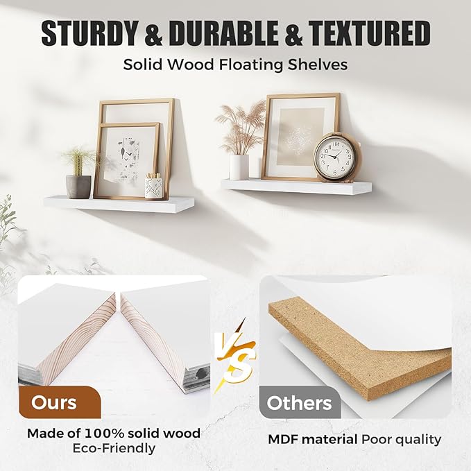 Floating Wall Shelves - 16"x6.8"x1.2" Sturdy Rustic White Solid Wood Shelves for Storage and Décor, Easy Installation for Living Room, Bedroom, and Kitchen - 2 Pack-Ruum Studio Home