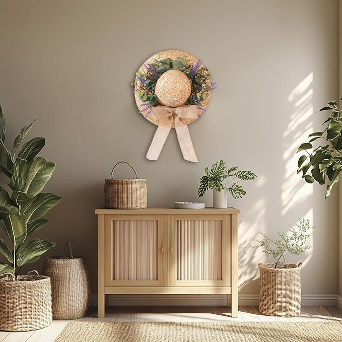 Dilicoming Spring Eucalyptus Wreaths for Front Door - 16 Inch Summer Fall Straw Hat Wreath with Bow, Women Gift, Indoor Outdoor Wreaths for Wall, Window, Farmhouse, Party, Holiday Home Décor-Ruum Studio Home
