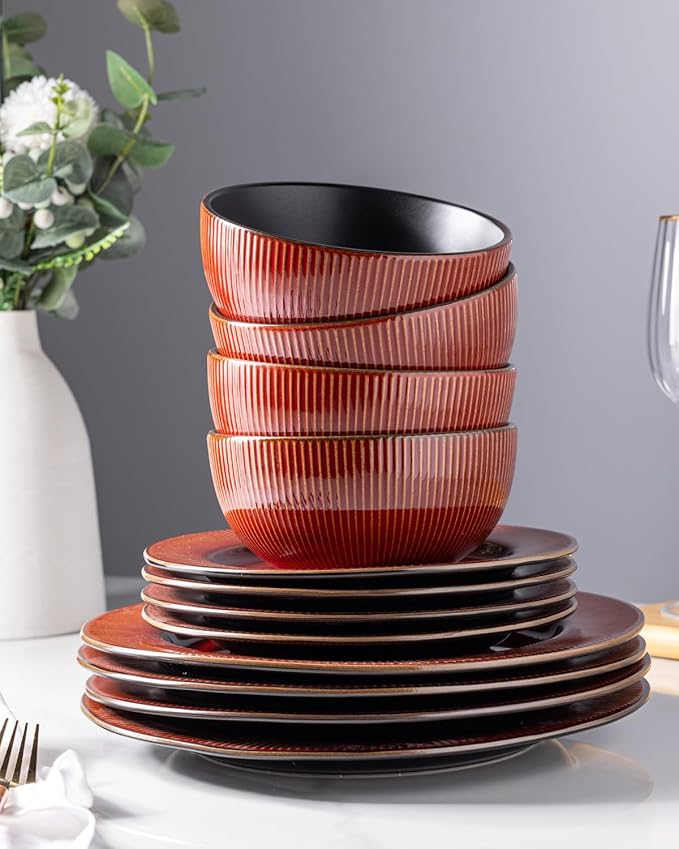 GBHOME Ceramic Dinnerware Sets,12 pcs Embossed Elegant Stoneware Plates and Bowls Sets, Housewarming Wedding Gift | Dishwasher & Microwave Safe | Dishes Set Service for 4-Ruum Studio Home
