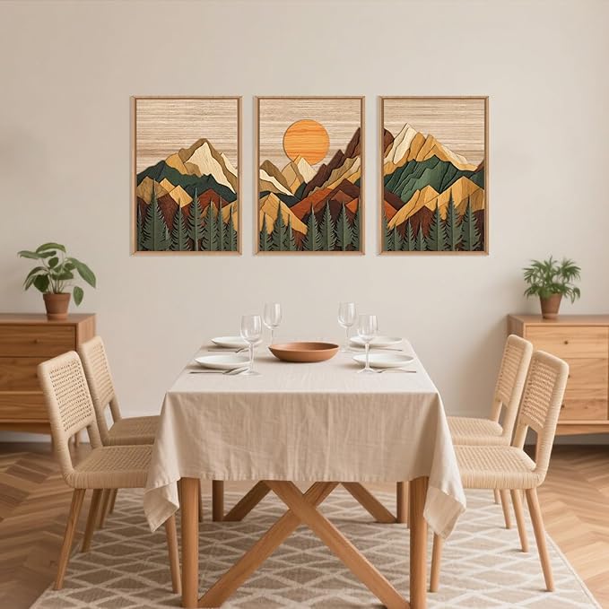 Celestdeco Woodcut Style Mountain Framed Canvas Wall Art Set, Large Brown Ridge Wall Decor, Boho Pine Tree Wall Painting, Abstract Wooden Art Print for Living Room, Bedroom, Office - 24"X36"X3(Not-3D Effect)-Ruum Studio Home