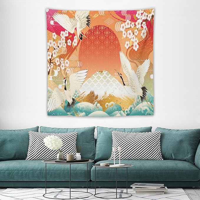 HZOHNAGO Japanese Tapestry Cherry Blossom Crane Sea Wave Fuji Mountain Red Sun Pattern Printed Wall Tapestry Painting Wall Hanging for Bedroom Living Room Dorm 60" W x 60" H-Ruum Studio Home
