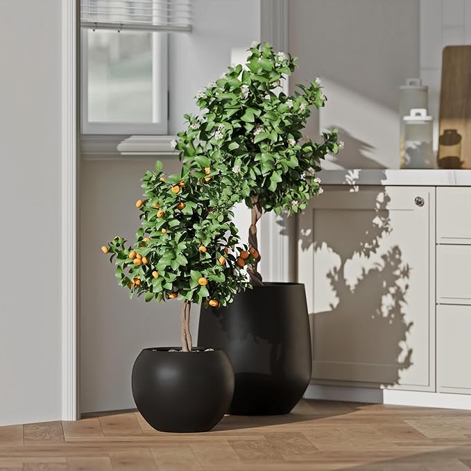 DTY Signature Mount Sherman Lightweight Durable Modern Fiberstone Sphere Planter for Indoor & Outdoor Drainage Hole & Rubber Plug Weather Resistant, 17" H x 21" Dia 14.4" Pot Opening - Large, Black-Ruum Studio Home