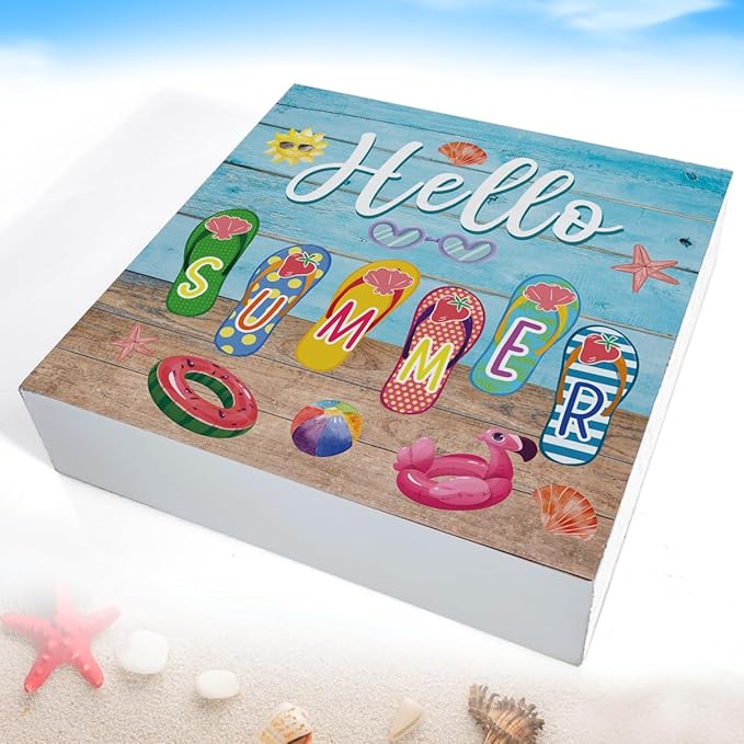 Summer Decor Hello Summer Decorations Flip Flop Wooden Sign Rustic Home Decor 5 x 5 Inches-Ruum Studio Home