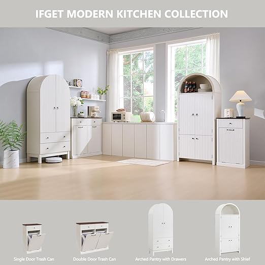 Modern Tilt-Out Trash Can Cabinet, 10 Gallon Fluted Laundry Hamper Cabinet with Drawers, Wooden Hidden Garbage Can Cabinets with Storage Basket, Free Standing for Kitchen and Living Room, White-Ruum Studio Home