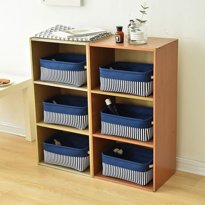 TcaFmac Small Storage Baskets [6 Pack] - Navy Blue Rectangular Storage Bins with Blue Stripes-Ruum Studio Home