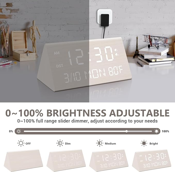 Kogonee Wooden Digital Alarm Clock, 0-100% Dimmer, 2 Alarm Settings, Weekday/Everyday Mode, 9 Mins Snooze, 12/24H, Temperature and Date Display for Office, Travel, Bedroom Alarm Clock (White)-Ruum Studio Home