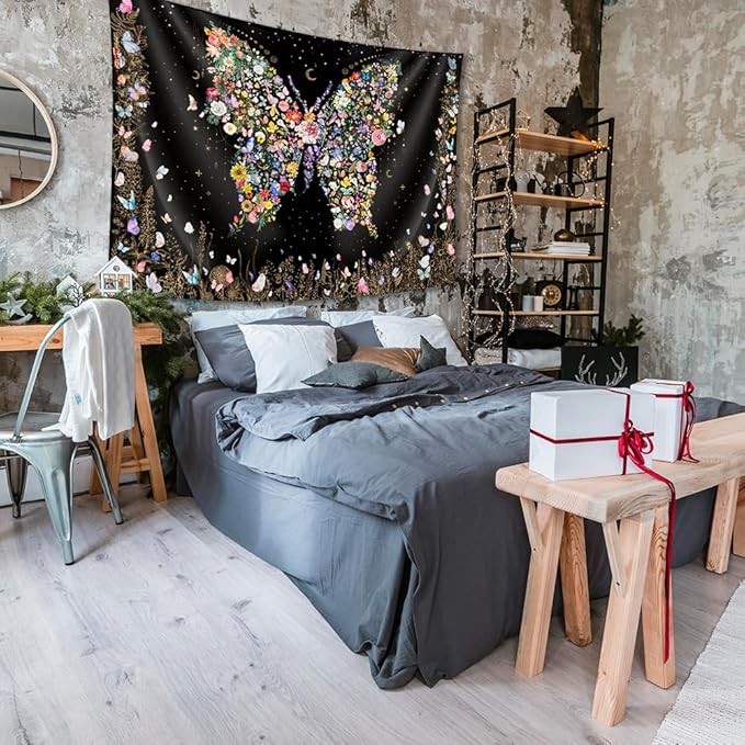 Damanse Butterfly Tapestry Wall Hanging Cute,Boho Wall Tapestry for Bedroom Aesthetic,Flower Living Room Decor for Teen Girls (Black, 59.80" x 78.70")-Ruum Studio Home