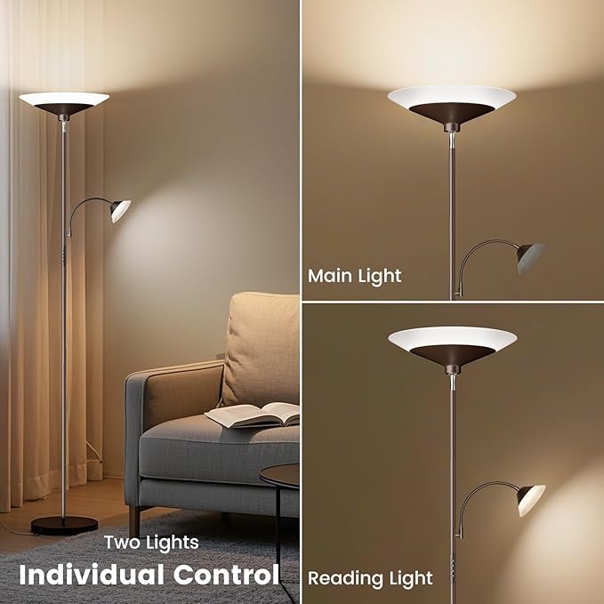 Brown Torchiere LED Floor Lamp - 72" Rotating Standing Lamp with Remote, 34W Dimmable Floor Light with Color Changing, Tall Bright Corner Lamp for Reading Living Room Bedroom Office-Ruum Studio Home