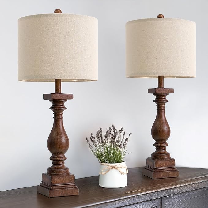 BOBOMOMO 27" Farmhouse Living Room Lamps with USB-A +C Ports, Vintage Rustic Bedside Night Stand Lamps Set of 2, Linen Shade, Retro Side Table Lamps for Living Room, Bedroom, Office, Home Decor-Ruum Studio Home