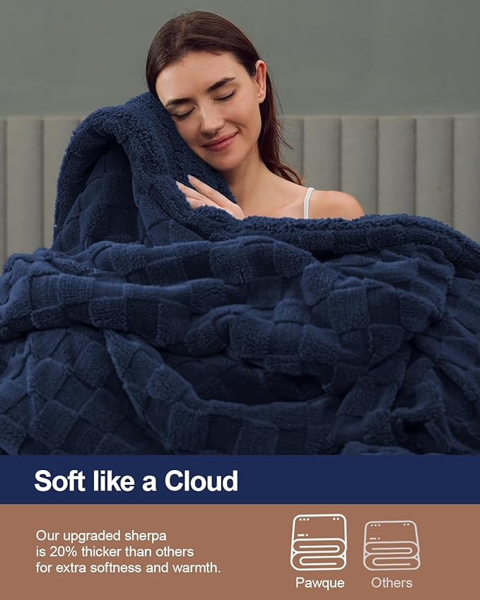 Pawque Super Soft Cozy Throw Blanket King Size for Couch Bed, Fluffy Sherpa Fleece Reversible Thick Warm Fuzzy Blanket for All-Season, 3D Checkered Jacquard Decorative Blankets, Navy Blue, 108"x90"-Ruum Studio Home