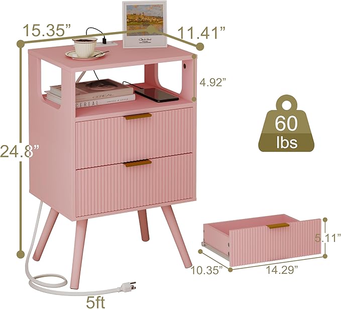 Pink Nightstand with Charging Station and LED Lights,Modern Bedside Table with 2 Storage Drawer and Open Wood Shelf, for Bedroom and Small Spaces,Night Stand with Solid Wood Legs,Pink-Ruum Studio Home